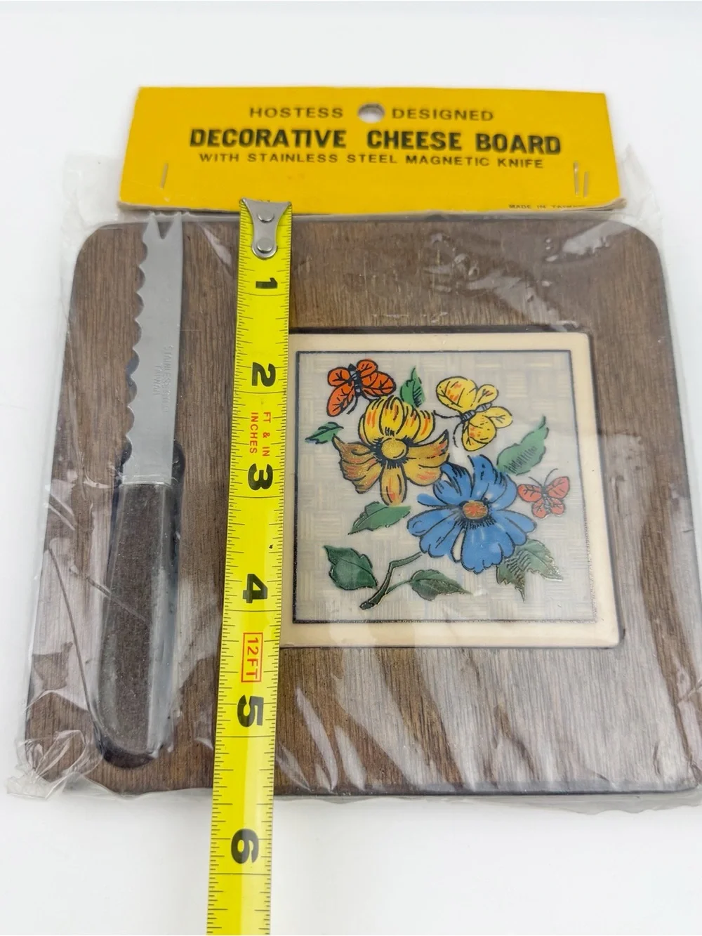 Vtg 70s Hostess Designed Cheese Board Knife Floral Tile Rustic Bar Nature New